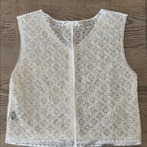 NEW POL Cream and Silver Butterfly Lace Pearled Ruffled Boho Sequin Crop Top - Picture 5 of 7